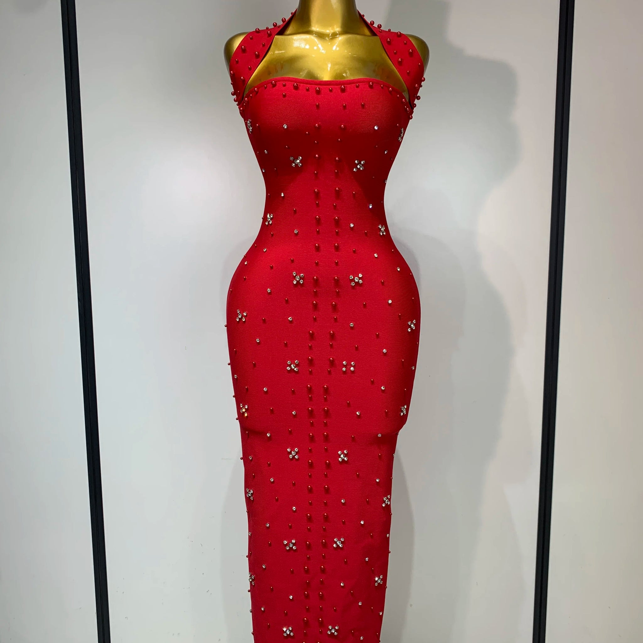 Women Sexy Halter Backless Shiny Rhinestone Pearl Bodycon Bandage Dress Celebirty Elegant Evening Party Luxury Birthday Dress