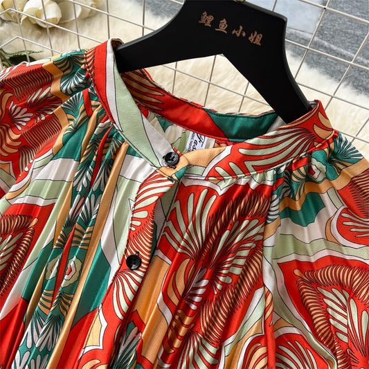 Retro Print Elegant Pleated Lantern Long Sleeve O Neck Single Breasted Dress A-line  Casual High Waist Women Summer Dresses