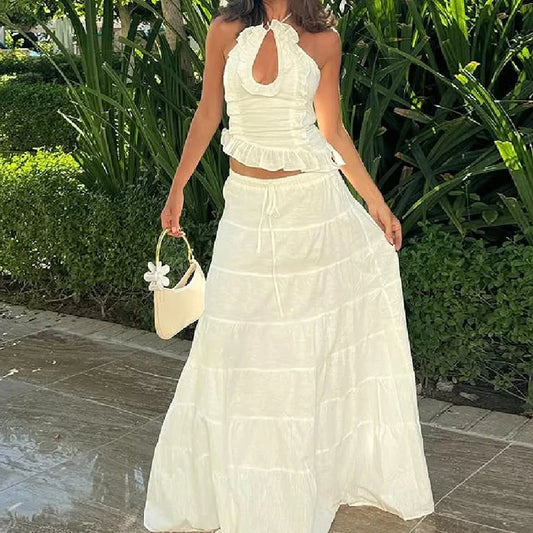 Maemukilabe Two Piece Maxi Skirt Sets for Women Y2k Backless Halter Tank Top Tiered Flowy Long Skirt Boho Vacation Outfits