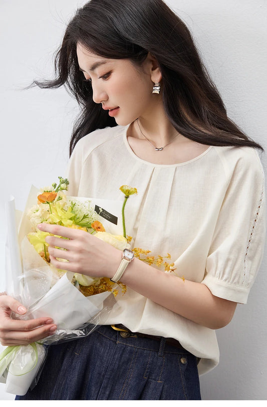 SENTUBILA Casual Women's Blouses 2025 Spring Summer Loose Fit O Neck Hollow-out Short Sleeve Simple Female Shirt 152V59089