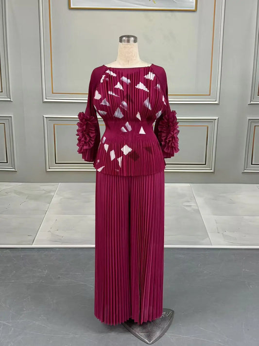 Casual 2 Piece Outfits Set for Women Pleated Wide Leg Pants Long Sleeve Shirt Lounge office lady Sets plus size woman clothing