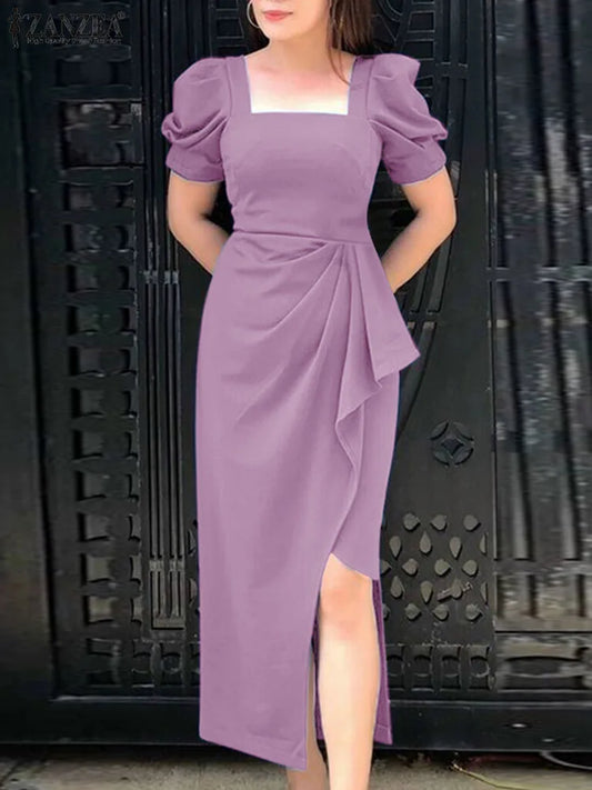 ZANZEA 2025 Summer Elegant Women Sexy Vestidos Long Dress Square Neck Evening Dress Asymmetrical Puff Short Sleeve Robe Femme