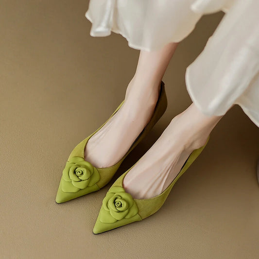 NEW Spring/Autumn Women Pumps Pointed Toe Thin Heel Shoes Sheep Suede Leather Shoes for Women Elegant Flower Handmade High Heels