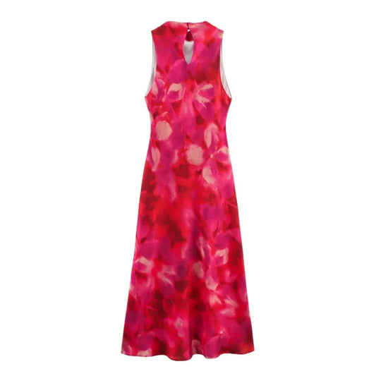 Women Printed Midi Dress Spring Caual Women Sleeveless Satin Dress Back Button Silk Texture Female Chic Elegant Dress