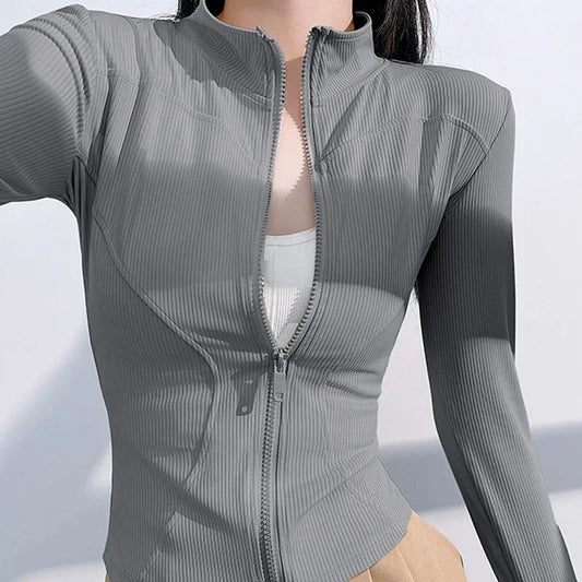 Summer Thin Glutinous Elastic Ribbed Sports Coat Outdoor Slim Fit Sunscreen Long-sleeved Running Zipper Yoga SunProtection Shirt