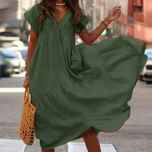 Bohemian Summer Dress for Women V Neck Vestidos Ladies Streetwear Solid Ruffle Dresses Asymmetrical Loose Robe Women Clothing
