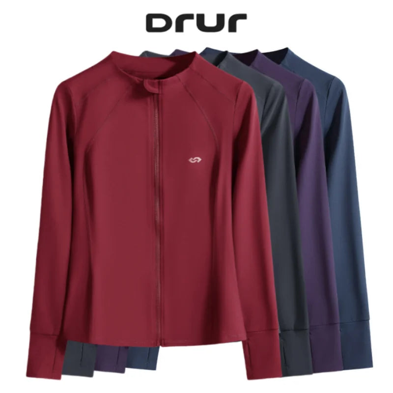 DRUR Womens Running Jacket Long Sleeve Zipper Quick Dry Sport Shirt With Pockets Gym Clothes Fitness Tops Lightweight Breathable