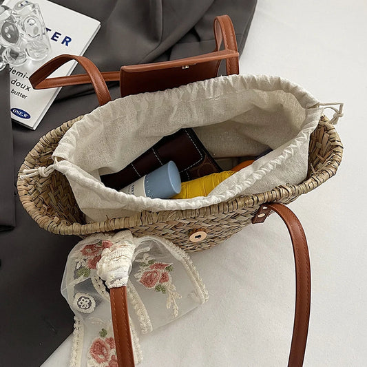Women Straw Woven Tote Bag Summer Beach Bags Large Capacity Fashion Woven Handbag Weaving Shoulder Bag for Party Vacation