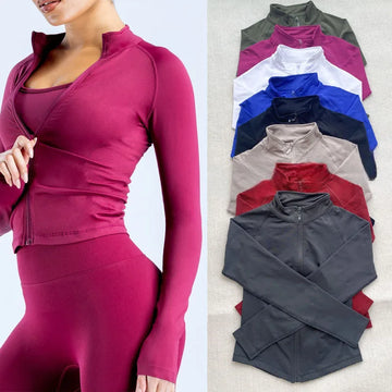 New yoga wear, long-sleeved zipper, outdoor sports and fitness wear, seamless running coat, high-neck elastic tight-fitting shir