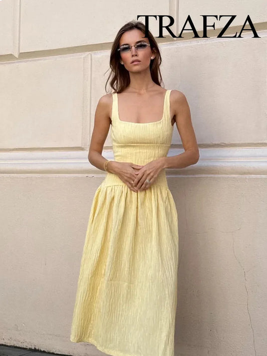 TRAFZA Women Summer Fashion Textured Backless Square Neck Midi Sleeveless Dress Female Sexy Elegant High Waist Slim Sling Dress