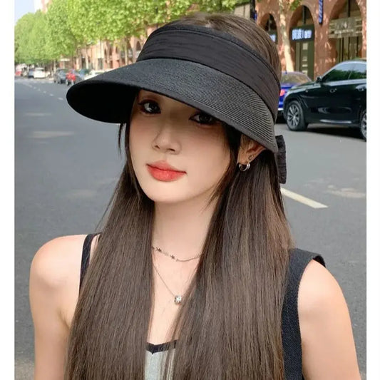 Color Blocking Ice Silk Hairband Hollow Top Hat Korean Fashion Shading Sunscreen Hat Student Outdoor Mountain Climbing Bow