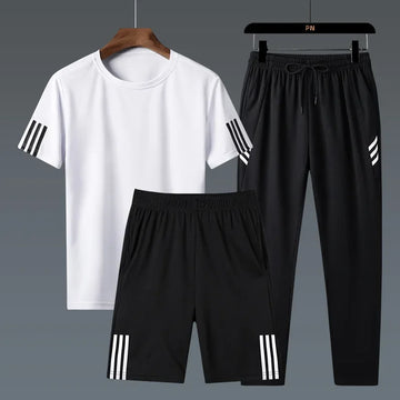 Summer Casual Sports Men's Short Sleeve T-Shirt plus Size Three-Piece Set New Style Long Pants Comfortable Breathable Clothing