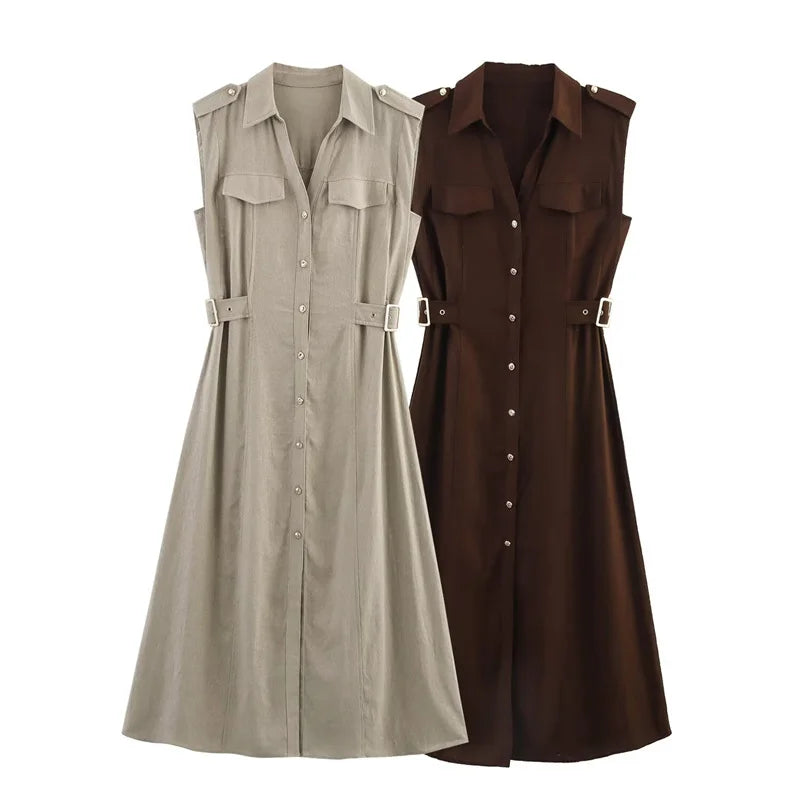 Women's Dresses New Summer 2025 Sleeveless Midi Dress Waist Nippling Waist Design Large A Skirt Casual Fashion High-end personal