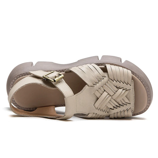 DRKANOL 2025 Retro Summer Sandals Women Wedges Heel Sandals Handmade Woven Genuine leather Chunky Platform Casual Roman Shoes