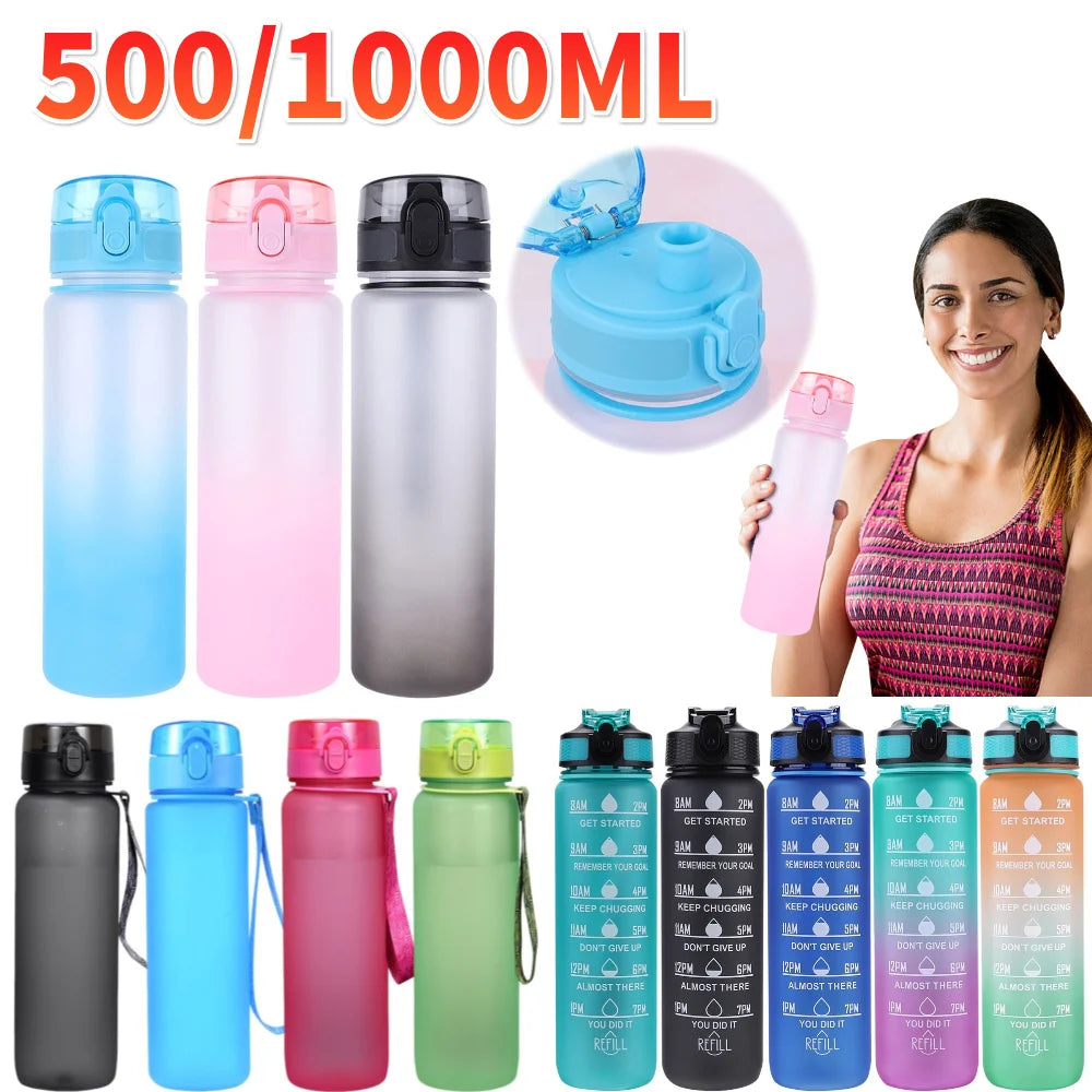 500/1000ML Water Bottle Sport Frosted Water Bottle Outdoor Leak Proof Portable Drinking Cup with Handle for Outdoor Gym Sports