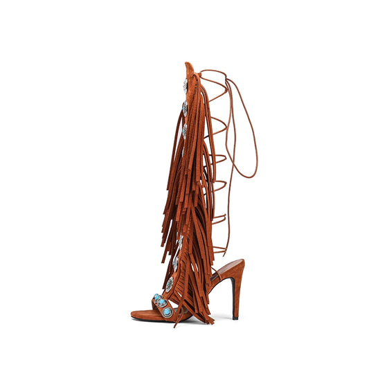 Summer cow suede leather tassels women sandals peep toe sexy lace up knee high shoes