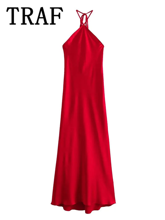 2024 Halter Long Dresses for Women Backless Satin Dress Woman Off Shoulder Sexy Midi Dresses Elegant Evening Party Dress