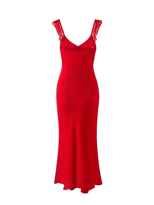 2024 Women New Fashion Sweet Bow Lacing Chic Ruffles Strap Long Dress Sexy V-Neck Backless Vintage Sleeveless Party Dresses