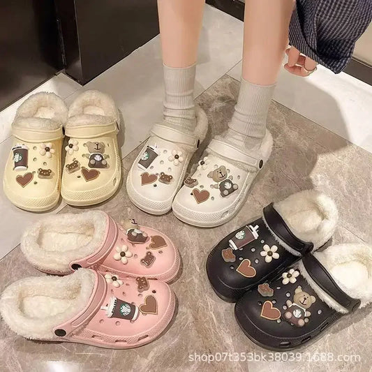 Fleece Lined Clog Shoes Cartoon Bear Women's Fashionable Outdoor Autumn Winter New Style Flat Bottom Detachable Lazy Head Slippe