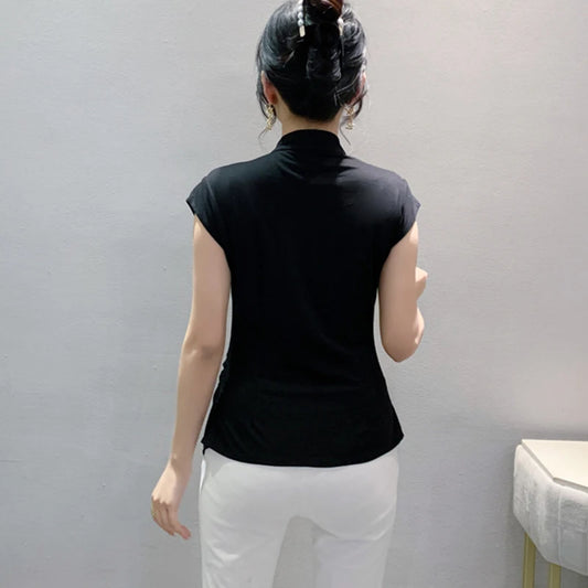 2024 New Summer Ethnic Clothes T-Shirt Women's Fashion Sexy Mandarine Collar Irregular Slit Slim Tops Short Sleeves Tees 43023