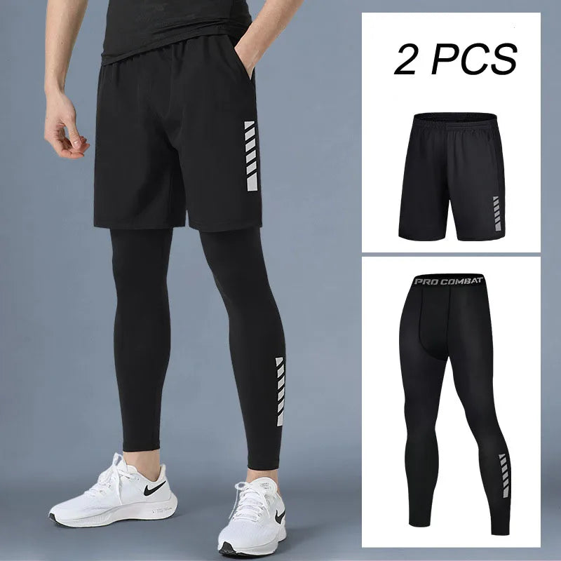 Mens 1-2 Pcs Compression Pants Sport Training Dry Fit Running Tights Fitness Jogging Shorts Summer Basketball Legging Masculina