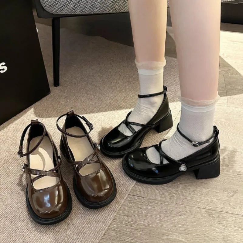 Women Loafers Retro Brown Mary Jane Shoes Women Pu Leather Thick Heels Lolita Shoes Woman Uniform Pumps Ankle Buckle Shoes
