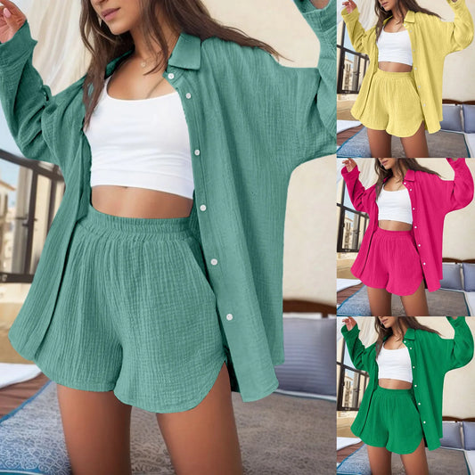Elegant Summer Women's Two Pieces Suit Women's Casual Chic Long Sleeve Shirt & Short Set Matching Streetwear Casual Outfits