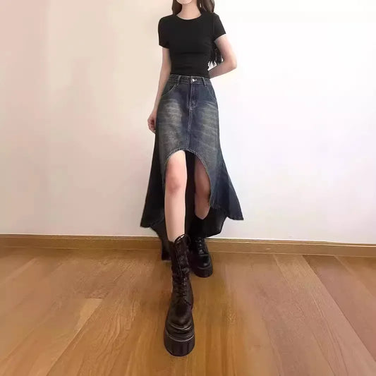 Vintage High-waisted Denim Skirt American Style Sensibility Petite Fish Tail Skirt Long Dress For Women