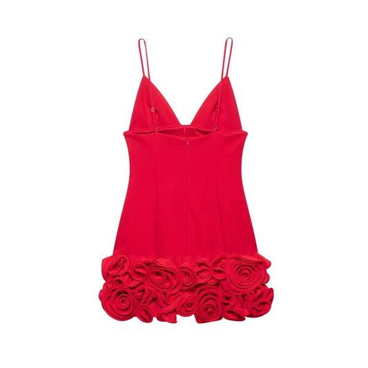 Women's Dress New Summer 2025 Red Suspender Mini Dress Three-dimensional flower decoration design Fashionable and sexy Personal