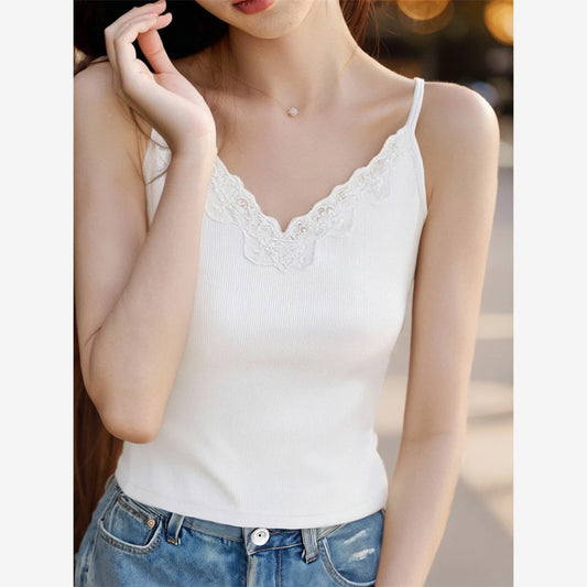 VIMLY Women's Sexy Camis Basics Summer Tops for Woman 2025 Simple Sleeveless Lace V-Neck Slim Camisoles for Lady Clothing A1559