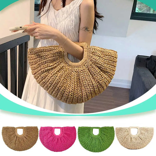 Women Bohemia Moon Handbag Large Capacity Half-Moon Straw Handbag Solid Color Simple Weaving Wrist Bag Summer Beach Bag