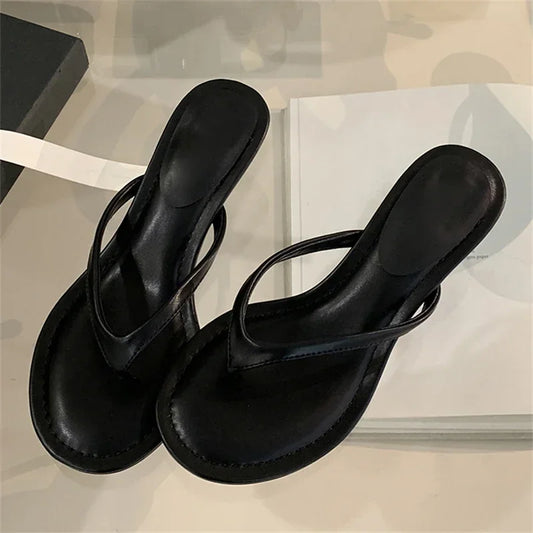 Aneikeh 2026 Fashion Thin Heels Slippers Women Round Clip Toe Slides Sandals Summer Flip Flops Female Shoes Mules Slides