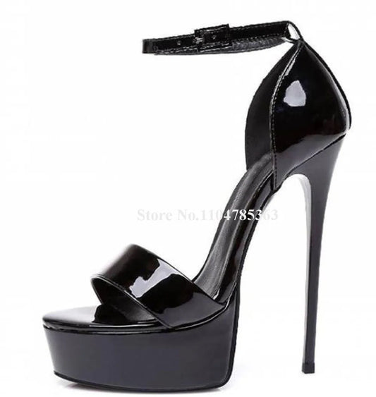 Charming Yellow Blue Red Patent Leather Stiletto Heel Sandals Open Toe One Straps High Platform Thin Heel Party Shoes Big Size