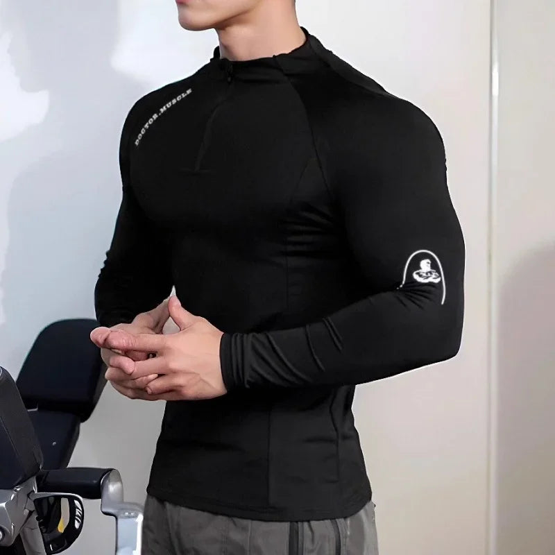 high quality zipper round collar tops sports spring autumn fitness T-shirt men long sleeved quick drying elastic tight T-shirt