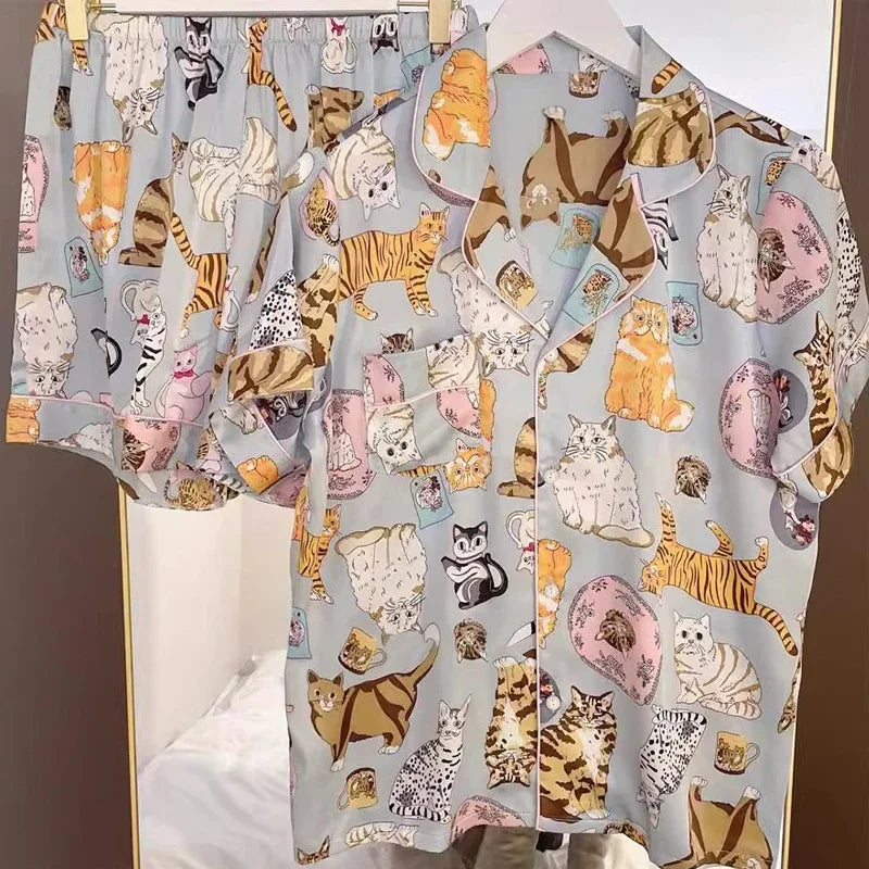 Cartoon Cat Korean Style Women's Short Pajamas 2024 New Summer Cool Y2k Sleep Lounges Fashion Casual Classic Female Homewear