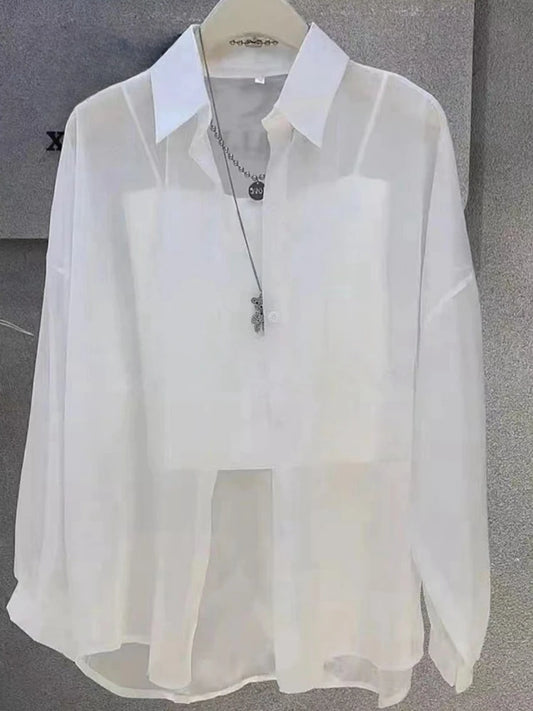 Plus Size Women’s Summer Shirts Breathable Sun-Proof Ice Silk Button Skin-friendly Thin Loose Sheer Chiffon Blouses Long Sleeve