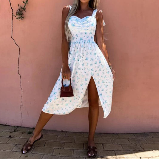 Women's Boho Floral Strappy V-Neck Lace Up High Split Midi Dress Summer Ladies Vacation Beach Holiday A-Line Sundress Size S-2XL