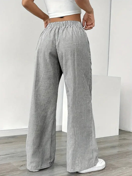 Slant Pockets Wide Leg Pants, Casual Striped Print Loose Drawstring Waist Pants For Spring & Summer, Plus Size Women's Clothing