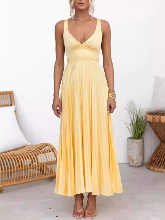 2024 Summer Fashion New Style Women's Elegant Strap Fold Style Loose Solid Color Vacation Style Banquet Style Women's Long Dress
