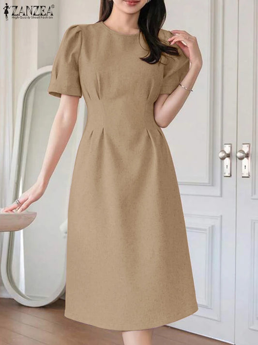 ZANZEA Women 2025 Summer Dress Fashion Office OL Dress Elegant Short Puff Sleeve Work Sundress Solid Party Pleated Vestidos Robe