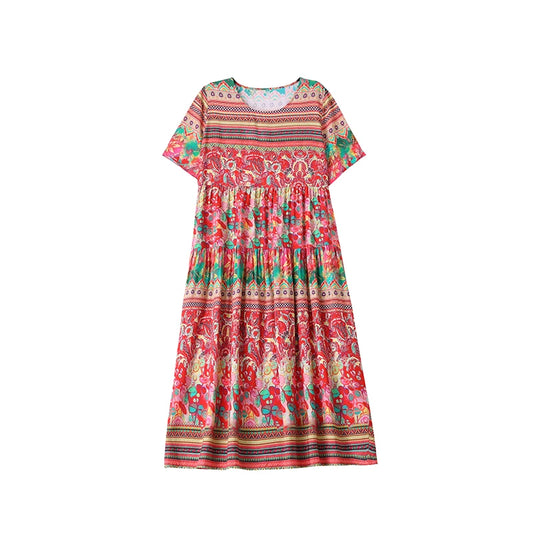 New Fashion Casual Vintage Summer Dress For Women 2025 Plus Size Dresses Print Regular Short Sleeve O-neck Women Clothing