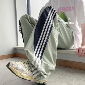 Quick-Drying Men's Straight-Leg Casual Pants Summer Thin Style Three-Stripe Color Blocking Loose Fit American Style Sport Paratr