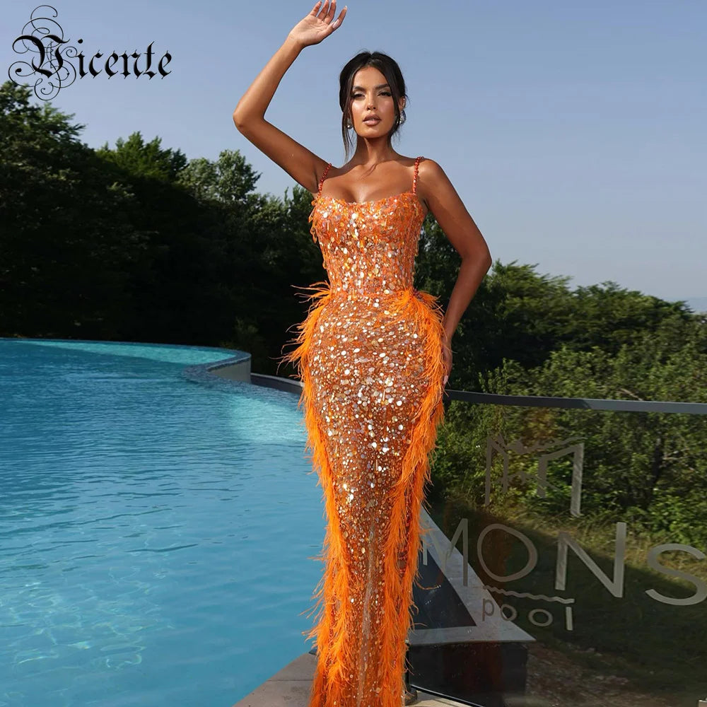 VC Orange Sexy Spaghetti Straps Sequins Diamond Prom Dresses Feathers Crystals Sparkle Mermaid Fitted Cocktail Party Gown