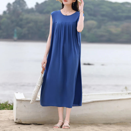 New Fashion Casual Vintage Summer Dress For Women 2025 Loose Dresses  Sleeveless O-neck Women Clothing