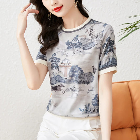 New Spring Bottoming Shirts Ladies Short Sleeve T-shirts Fashion Printed Women Tees Shirts Elegant And Comfortable Casual Tops