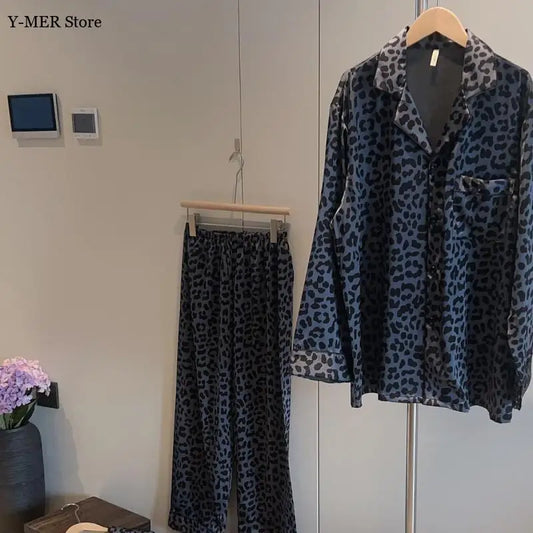 Fashion Leopard Pajamas Female Silkly Satin Home Clothes Lover Loungewear Sleepwear Long Sleeve Top Pants 2Pcs Nightwear