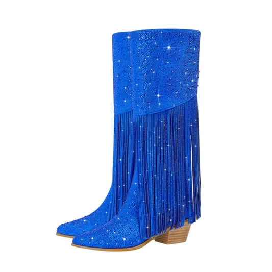2024 New Chelsea Knee Length Rhinestone Boots Zipper Pointed Tassels Shiny Fashion European And American 35-43 Women's Boots