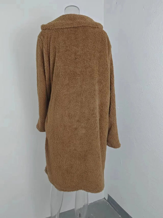 Autumn and winter cross-border women's clothing hot item: furry long sleeved lapel women's plush top long coat