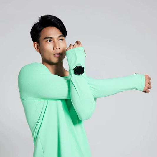 Men Marathon Running T-Shirt Long Sleeve Anti-UV Quick Dry Workout Top Fitness Training Suit with Thumb Hole Anti-Static Cuff