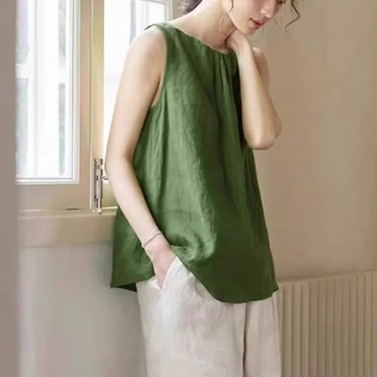 Summer Vintage Cotton Linen Woman Top Round Neck Green Sleeveless Vest Loose Breathable T-shirt Casual Women's Tee